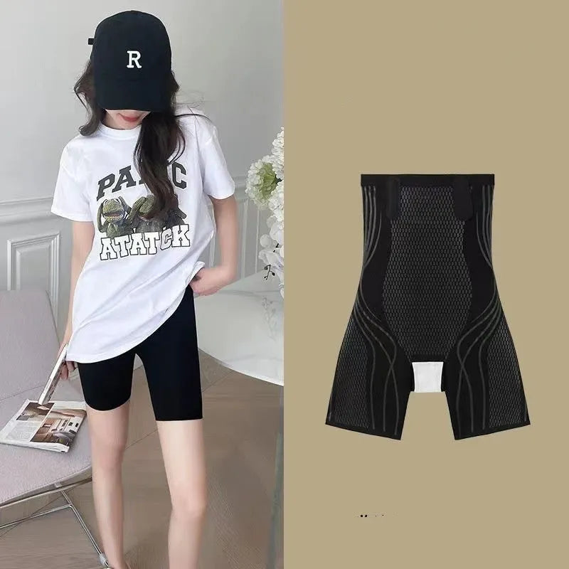 Women's liquid seamless high waisted nylon tight pants in black, with hip lifting and belly control function