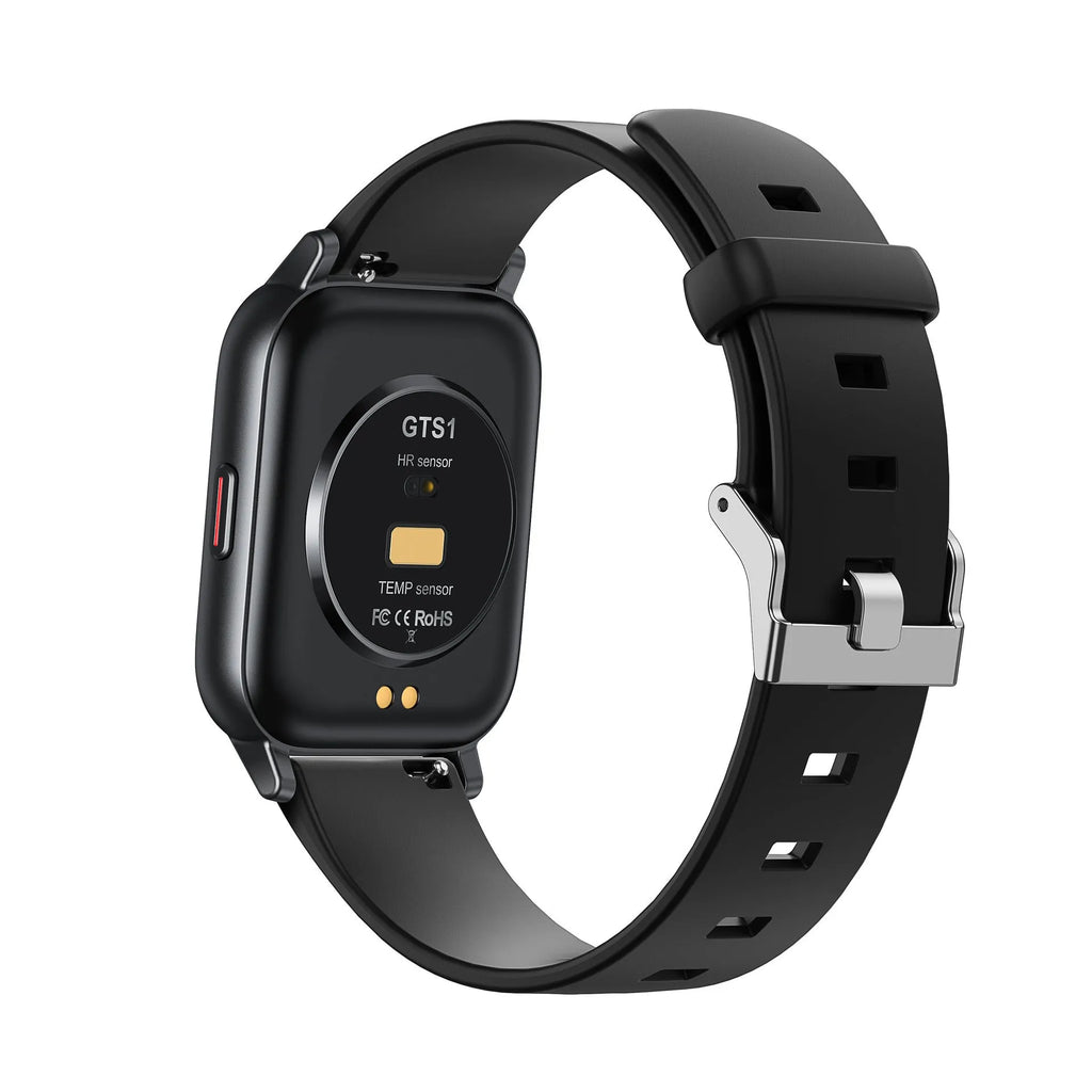 GTS1 smart watch with body temperature and heart rate monitoring, 1.3 inch touch screen, silicone strap, on a wrist