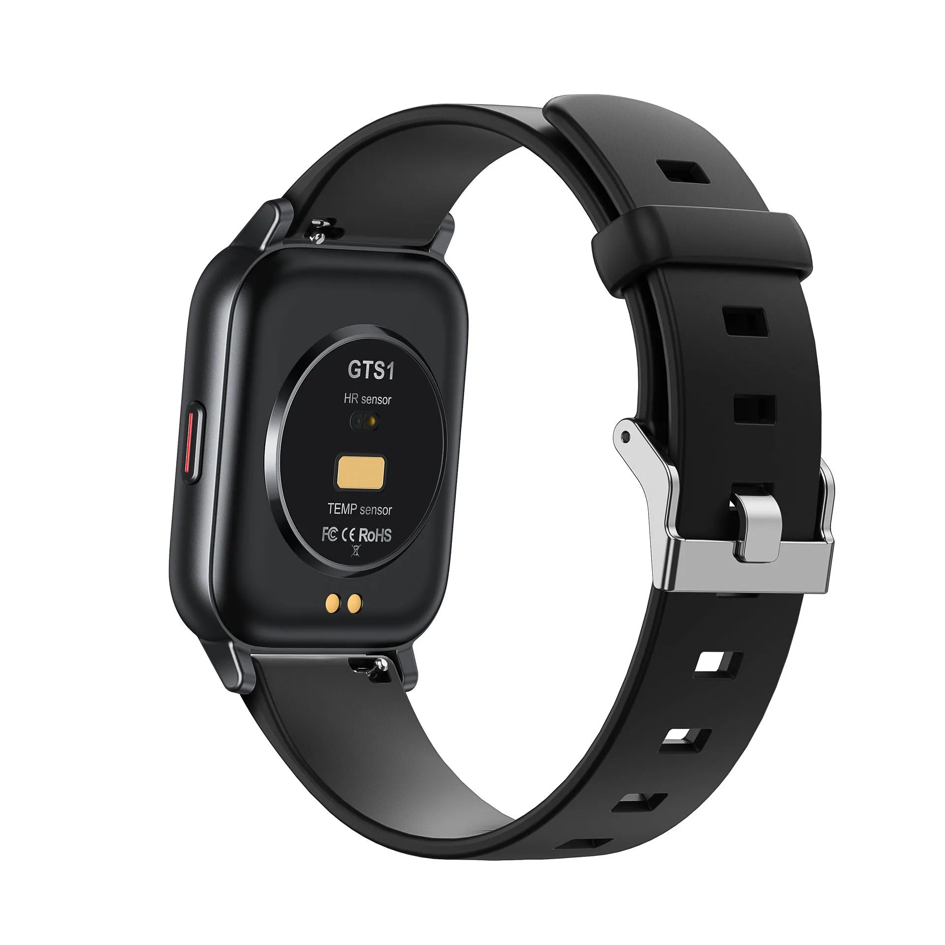 GTS1 smart watch with body temperature and heart rate monitoring, 1.3 inch touch screen, silicone strap, on a wrist