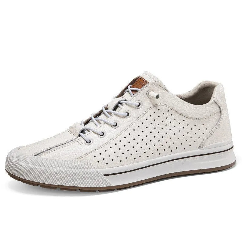 Men's white breathable canvas shoes with round toe and matte leather flat sole