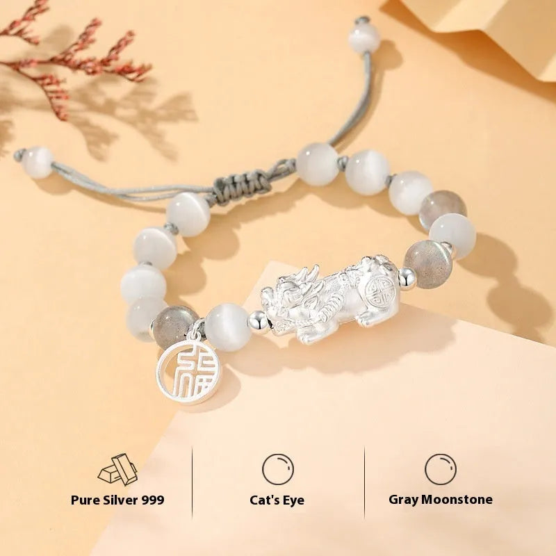 Handmade woven couple bracelet with sterling silver card and animal tassels