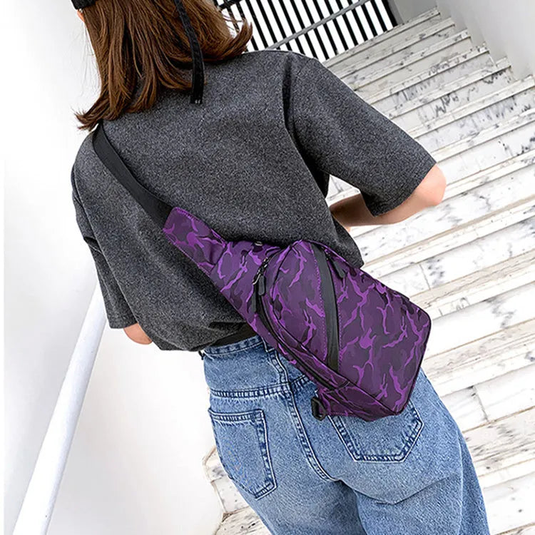 Men's camouflage crossbody chest bag with headphone hole in Camo Black