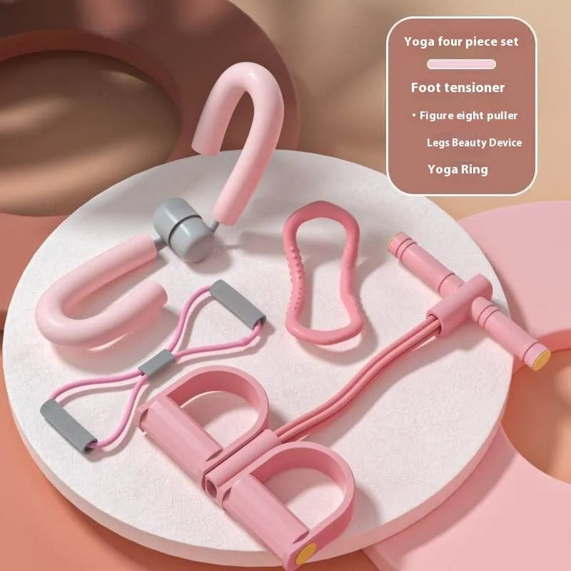 Yoga four-piece set with leg stretching device, yoga ring, pedal puller, and figure-eight tension rope on a grey background.