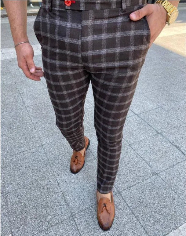 Men's business checked casual trousers in polyester, available in grey, black, blue, brown, sizes S to 3XL