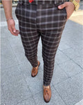 Men's business checked casual trousers in polyester, available in grey, black, blue, brown, sizes S to 3XL
