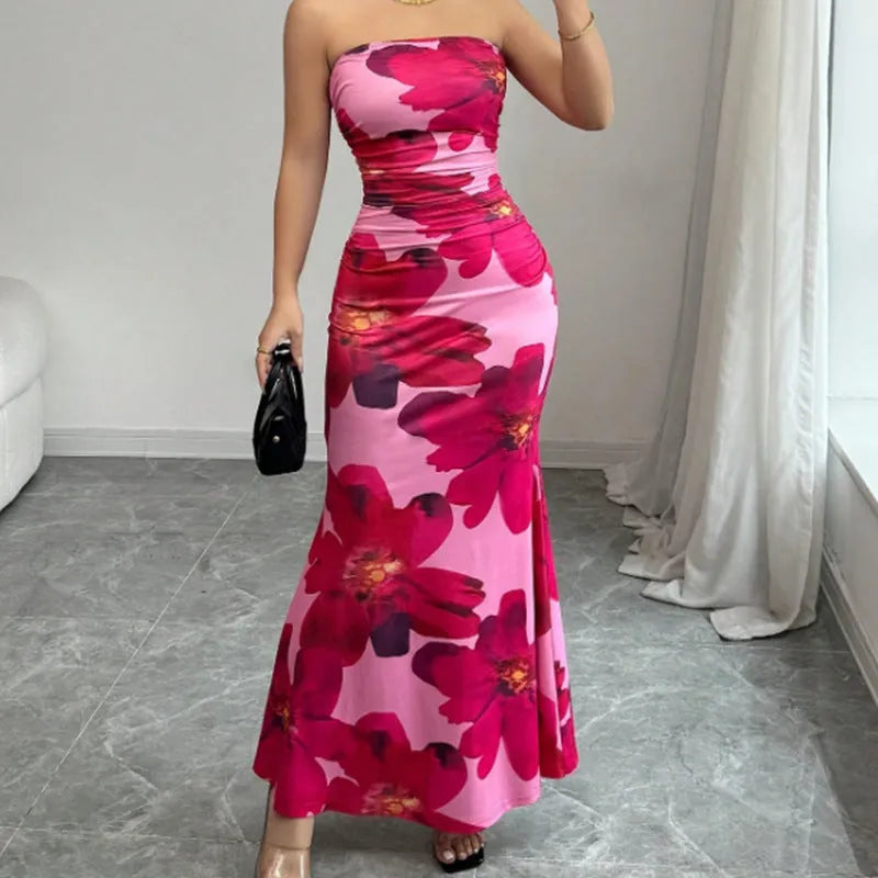 Slim fit long dress with pink flower print, sleeveless high waist hip skirt style for women