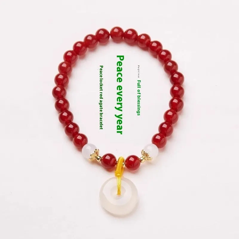 Handmade Chinese bracelet with peace buckle clasp in Jinsi Jade or red agate with 6mm beads