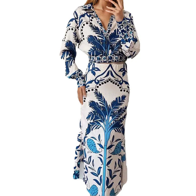 Women's floral print casual set with long sleeve top and long skirt on hanger