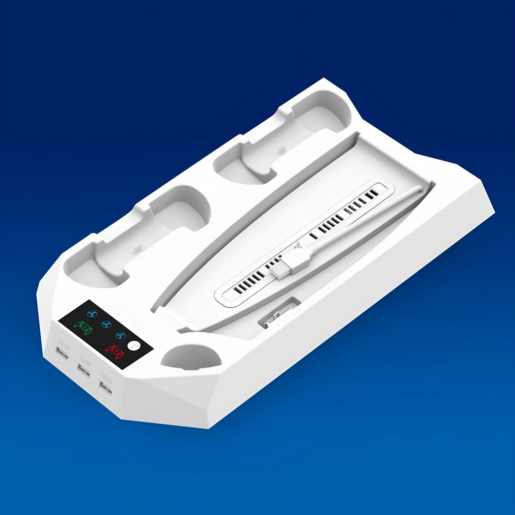 PS5 charging base radiator with storage compartments for controller, remote, and headset