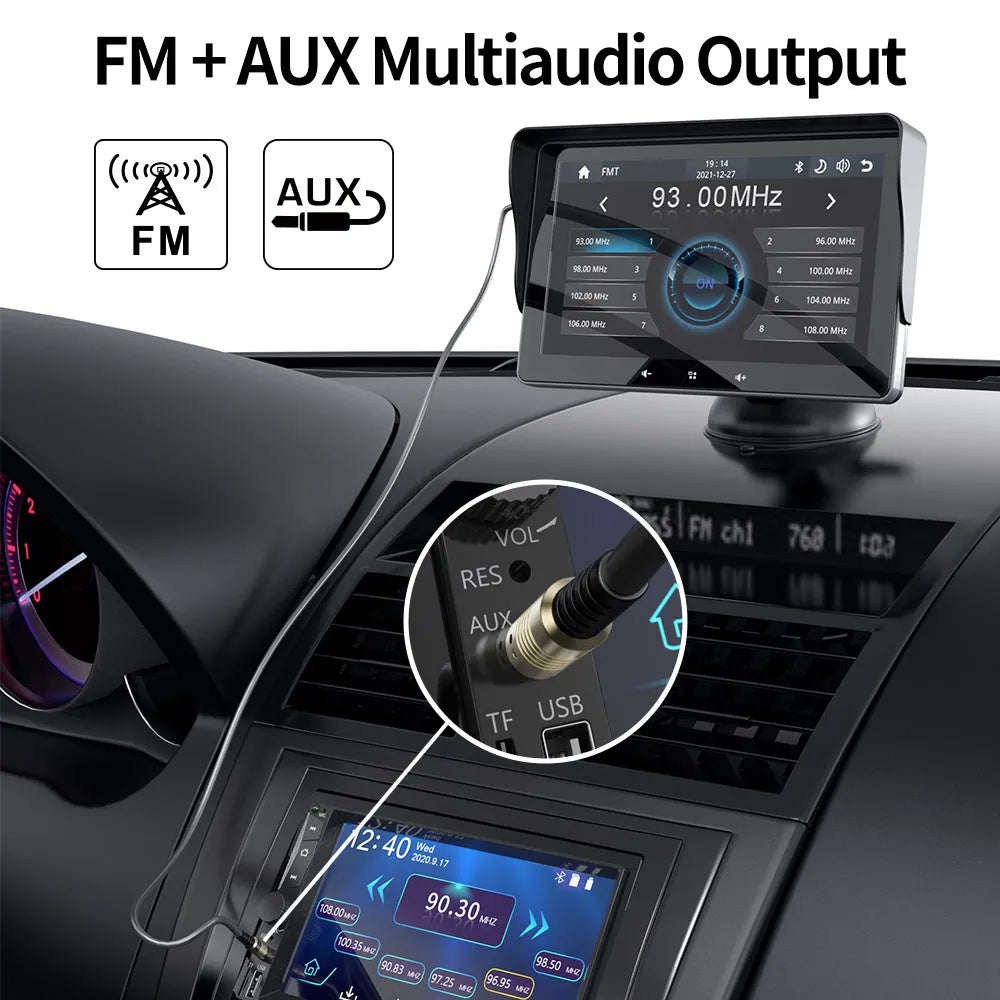 7-inch wireless CarPlay display with suction cup mount and cigarette lighter power cable