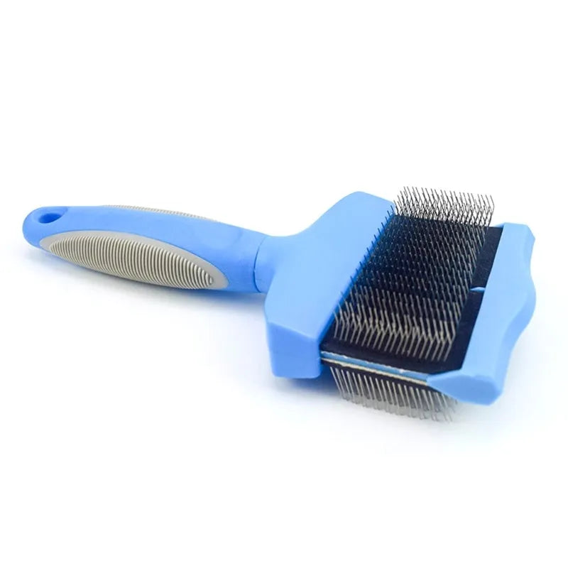 Double sided pet grooming brush with stainless steel pins on a blue handle