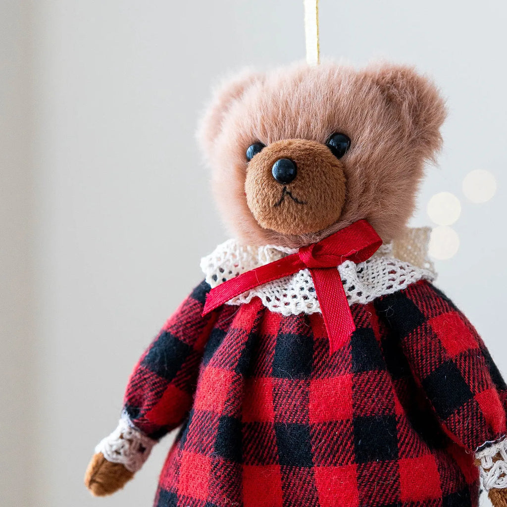 Soft cloth plush bear doll wearing a suit with plaid design, available in princess bear and gentleman bear colours.