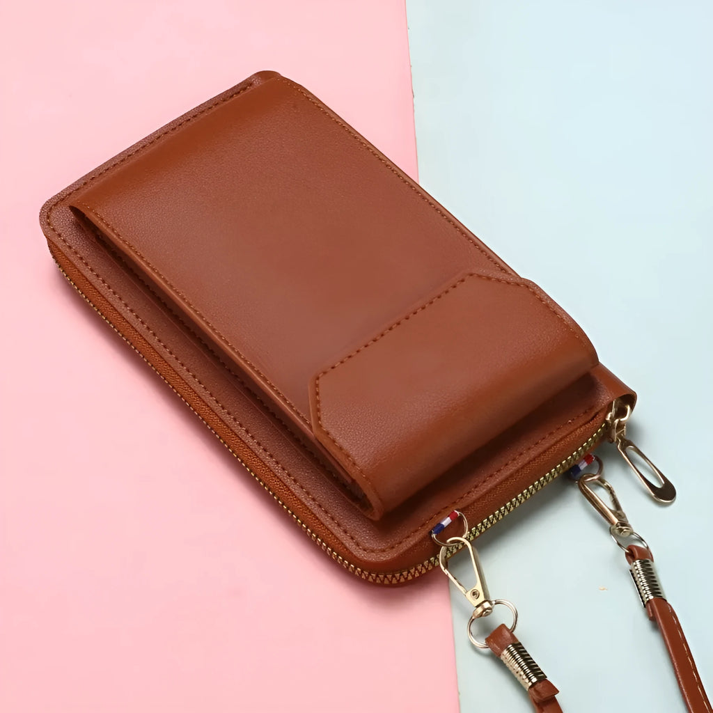 Mini crossbody phone bag for women in black PU leather with sewing thread detail
