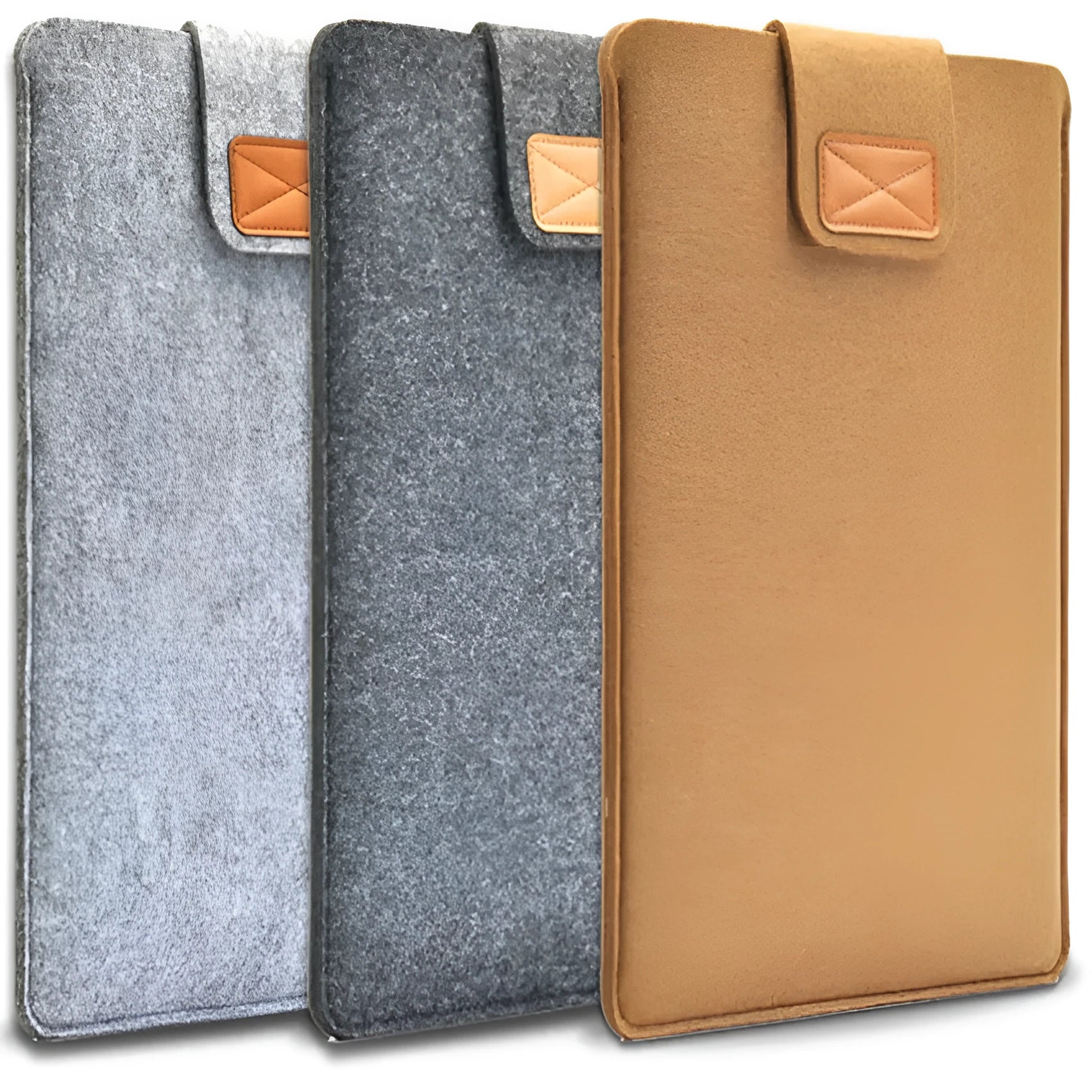 Vertical clamshell laptop bag in grey with plush felt interior and waterproof polyester exterior