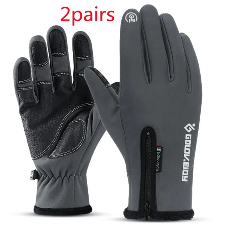 Winter thermal fleece motorcycle gloves with zipper and touch screen fingers on black background