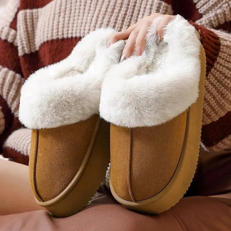 Indoor couple slippers with suede upper, thick EVA sole, and velboa lining in beige colour