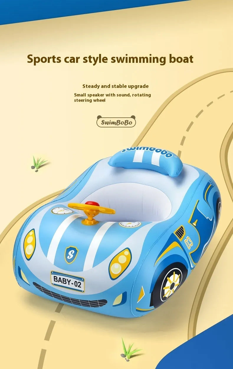 Pink inflatable children's swimming ring with a steering wheel and cartoon sports car boats pattern.