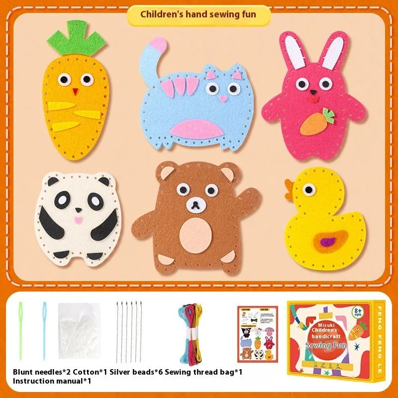Children's non-woven cloth sewing kit with animal six models, needle, thread, and silver beads in a colour box