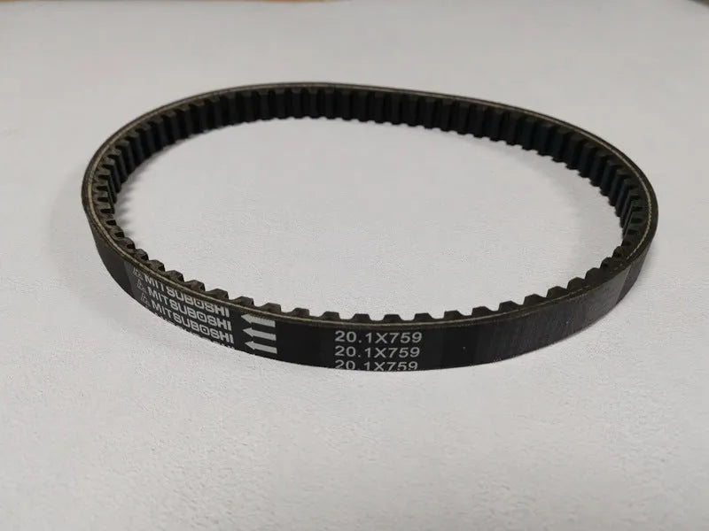 Black replacement drive belt for Guangyang Jili GP110 and Fengli VP110 pedal motorcycles.