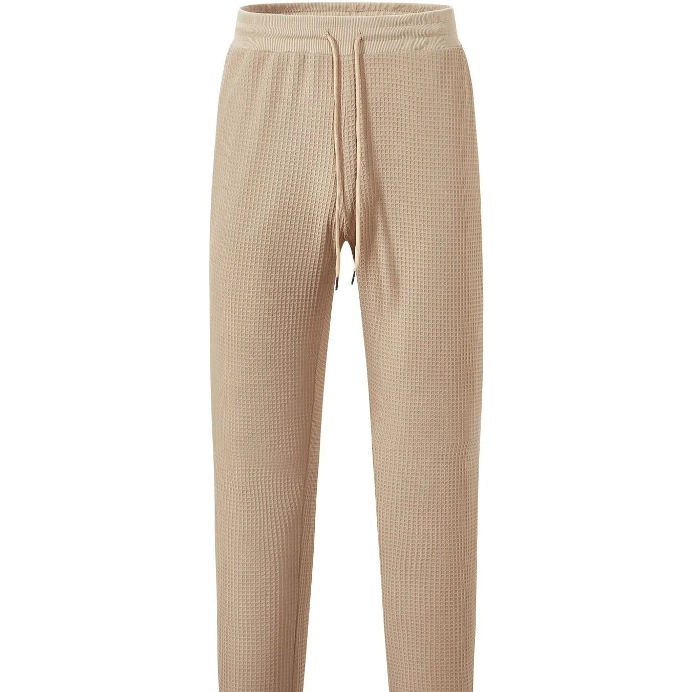 Men's casual loose solid colour waffle knit drawstring pants in khaki, front view, on white background