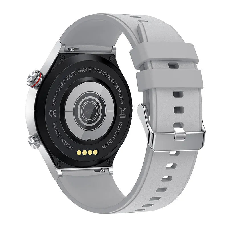 Smart sports watch with black silicone wristband and 1.28-inch touch screen displaying fitness metrics