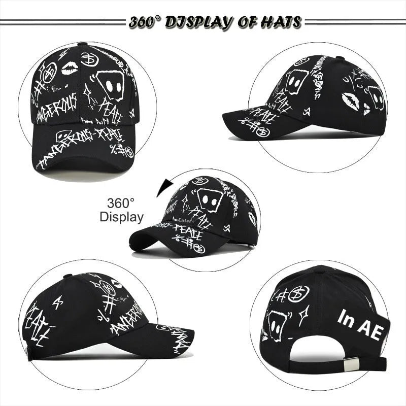 Unisex cotton baseball cap with adjustable curved brim, embroidered letter pattern, in black colour