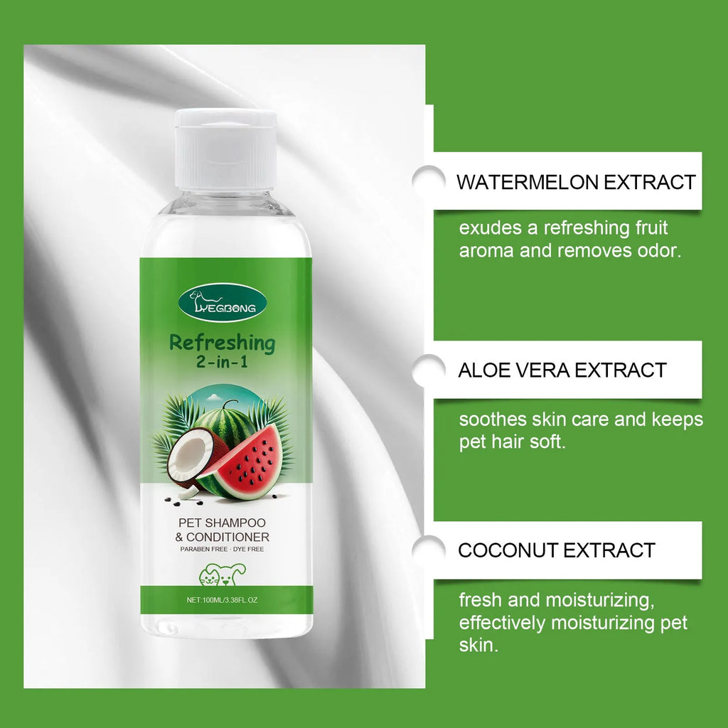 100ml bottle of 2-in-1 pet shampoo and shower gel with watermelon and coconut extract.