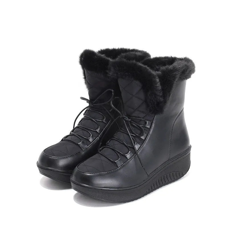 Black women's lace-up platform winter boots with water-resistant PU leather and plush lining.