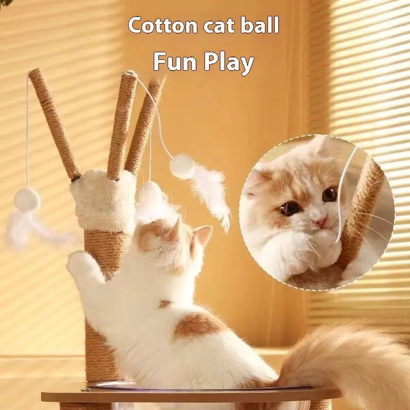 Wooden cat climbing frame with integrated space capsule pet bed in natural wood colour