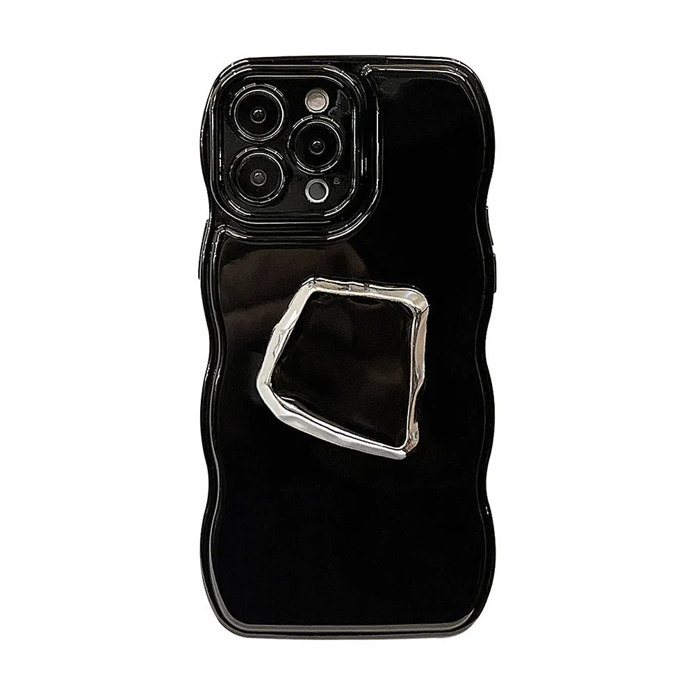 Black metallic TPU phone case with dark bracket and wave pattern for Apple iPhone