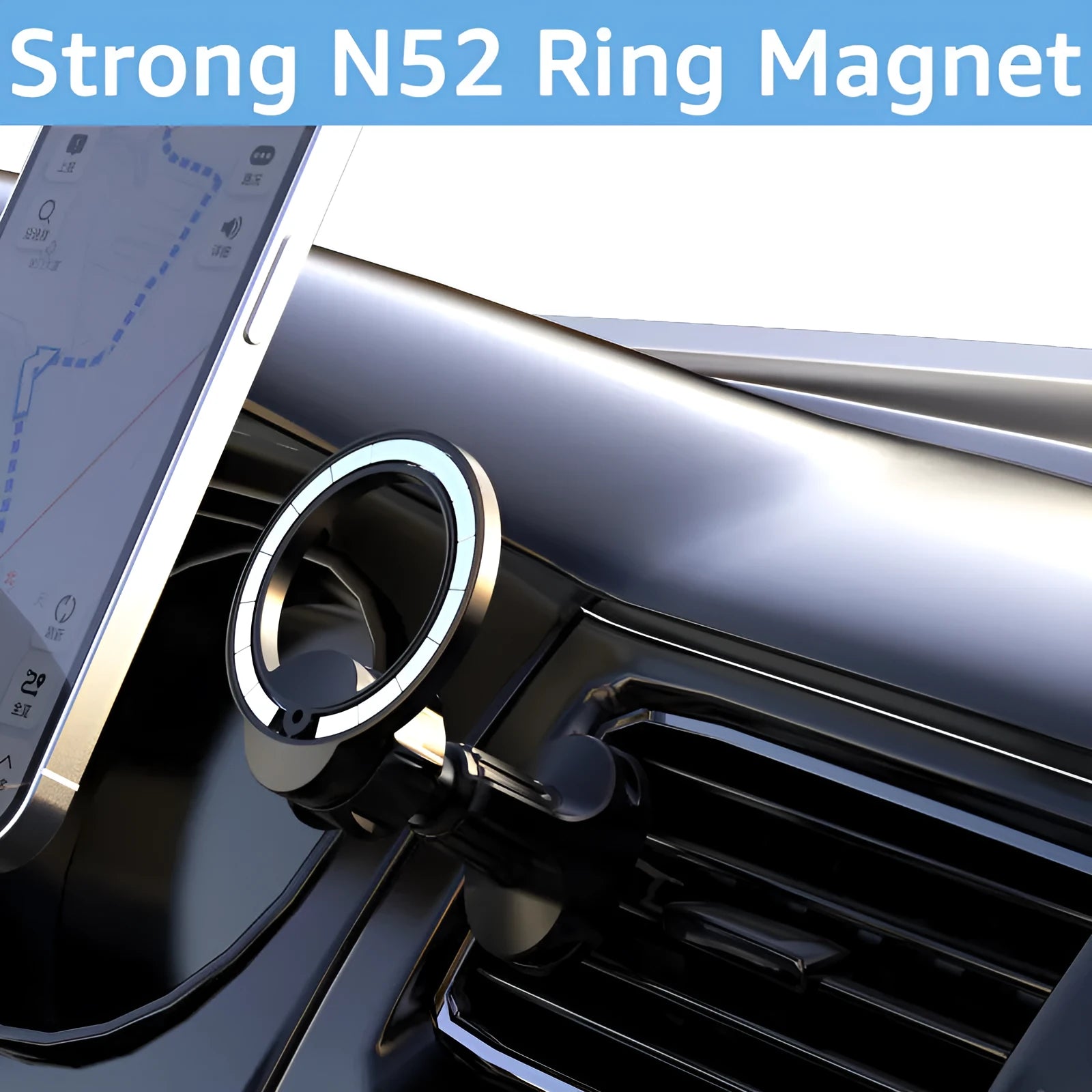 Black magnetic car phone holder with O-ring bracket for air outlet mounting