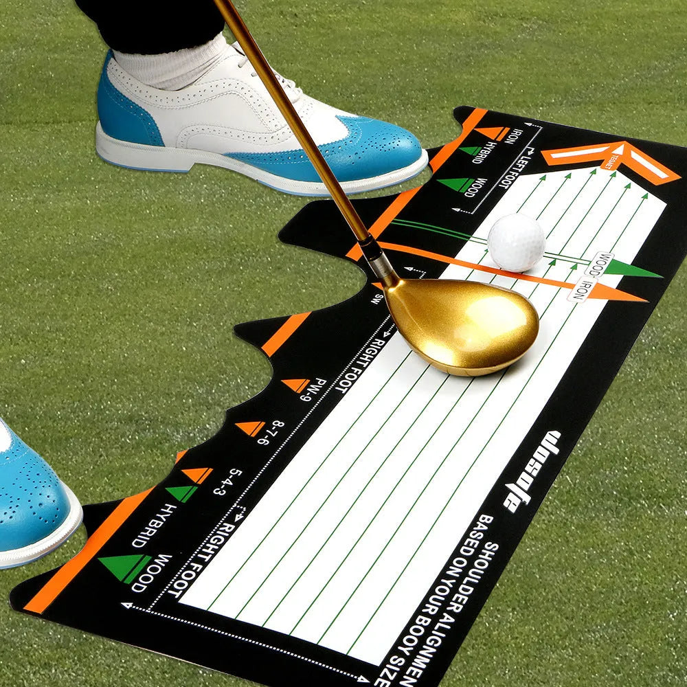 Black neoprene golf swing posture training mat for alignment and stance correction.