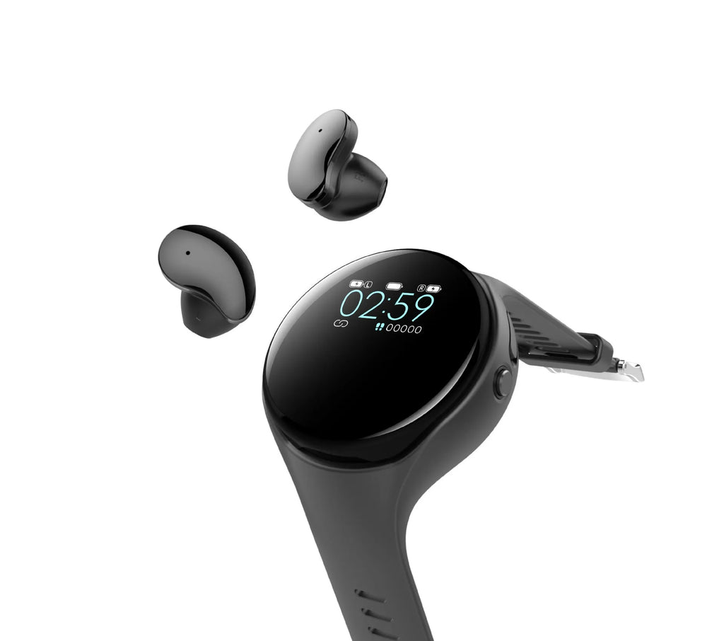 Black Bluetooth headset detached from a smart bracelet with a colour screen, showing a heart rate graph.