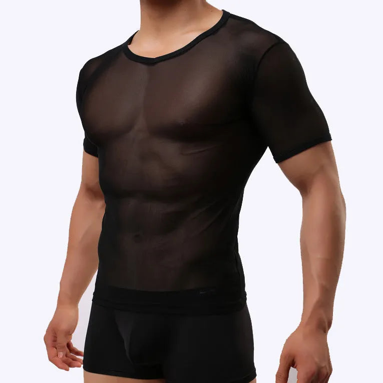Men's slim fit mesh transparent t-shirt in solid colour on a model.