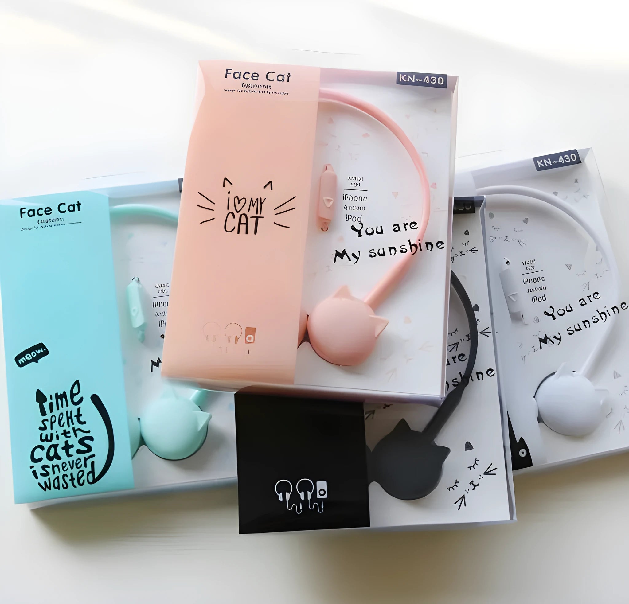 Cat design stereo earphones with 3.5mm audio jack in black, blue, pink and white colours
