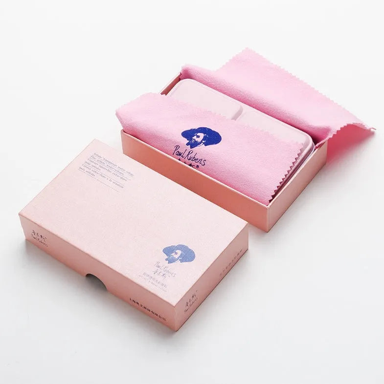 Open palette showing 12 solid pearl watercolour pans in a plastic case with a clear lid.