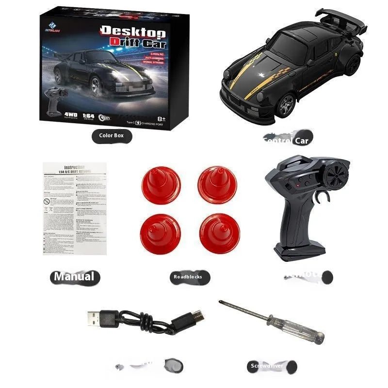Mini RC four-wheel drive drift car in black plastic body with remote control