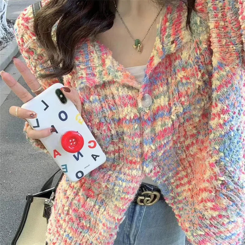 Retro slim fit knitted cardigan sweater in pink and green ice cream colours.