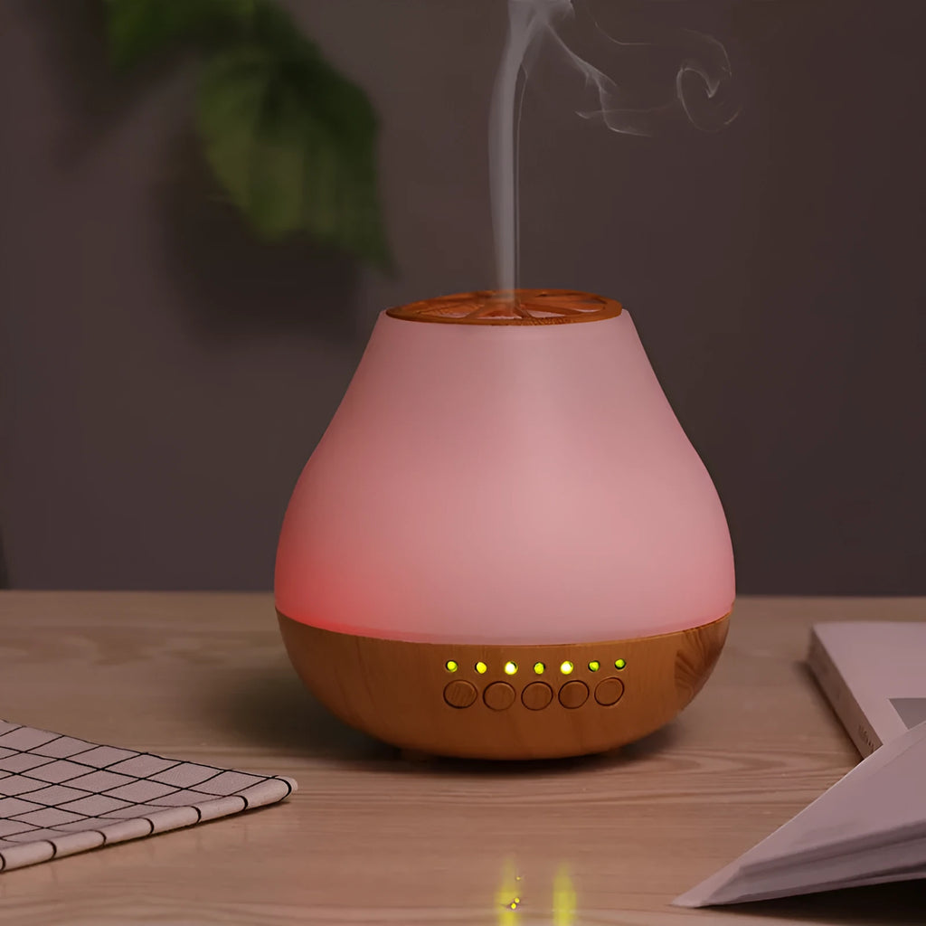 USB-powered ultrasonic essential oil aroma diffuser with colourful night light in wood grain finish