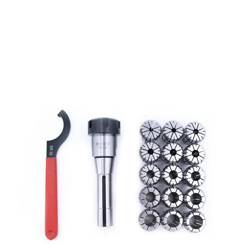 R8-ER32 collet tool set 17-piece with 65Mn steel holder, ER32 collets and wrench on workbench