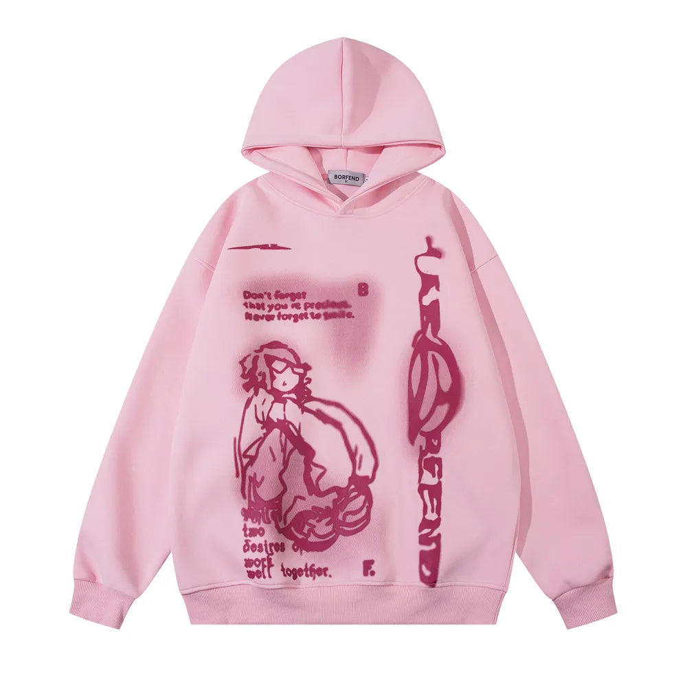 Men's cotton blend printed hoodie with character pattern in black, pink, and apricot colour options