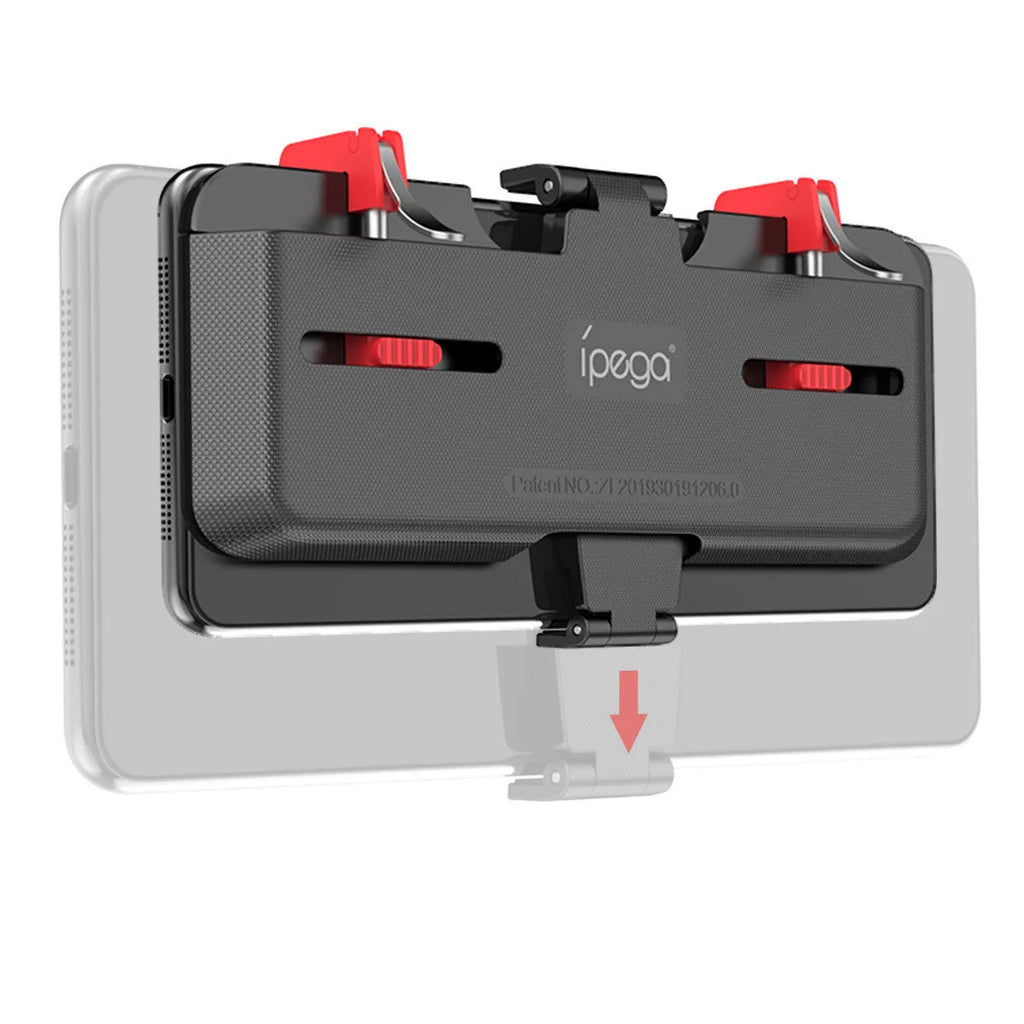 Black PG-9137 mobile phone gaming trigger grip stand with adjustable metal trigger and telescopic fixing clip.