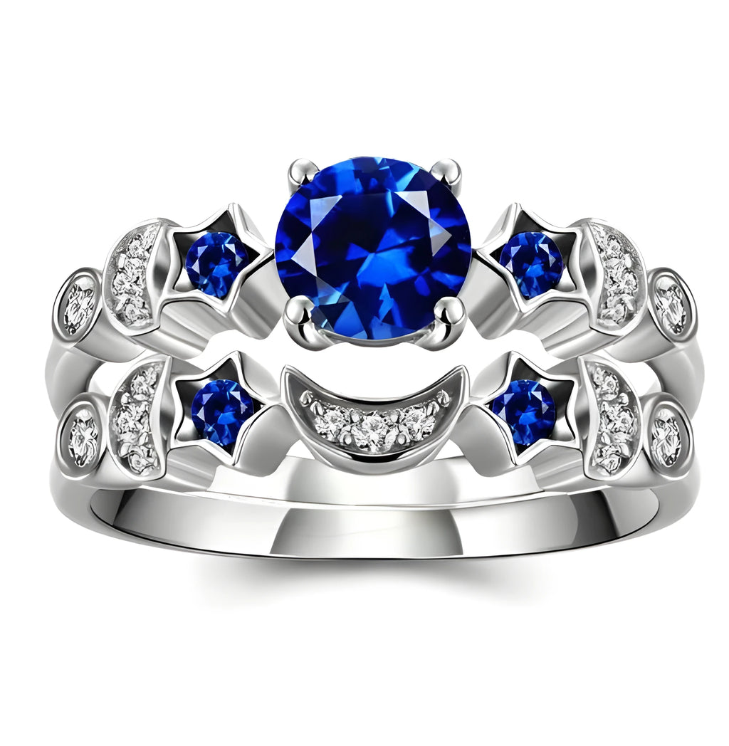 New creative moon ring for women with blue gemstone inlay, available in sizes 6 to 10