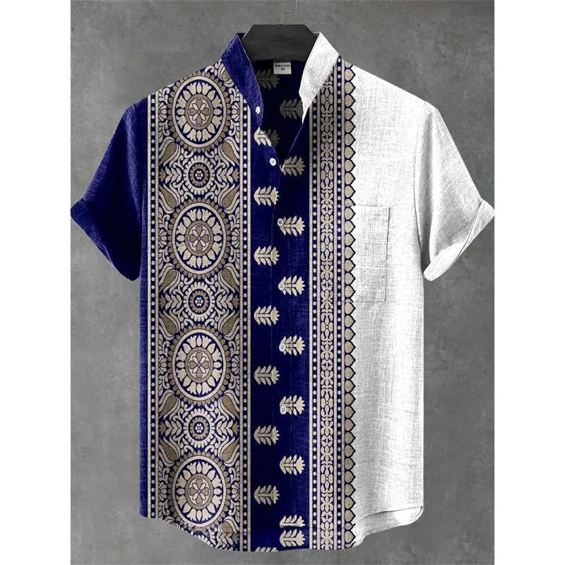 New men's linen summer shirt long sleeve slim fit non-iron American retro casual top in blue fabric