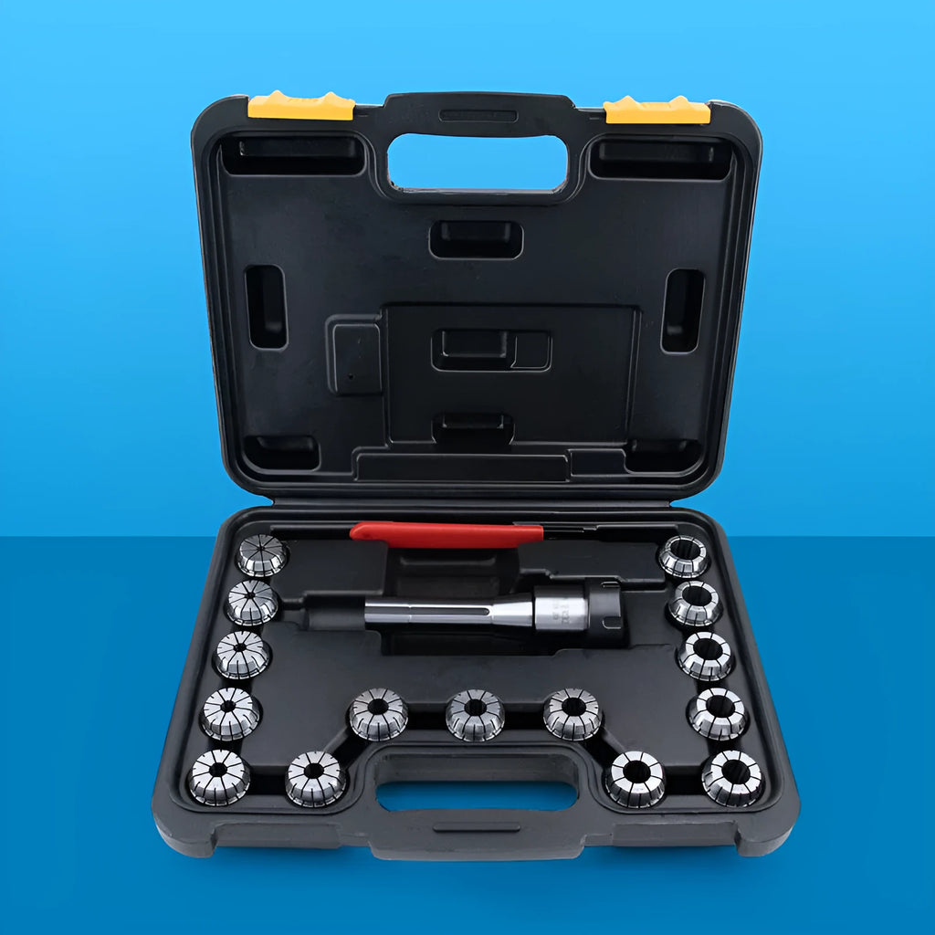 R8-ER32 collet tool set 17-piece with 65Mn steel holder, ER32 collets and wrench on workbench