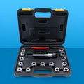 R8-ER32 collet tool set 17-piece with 65Mn steel holder, ER32 collets and wrench on workbench