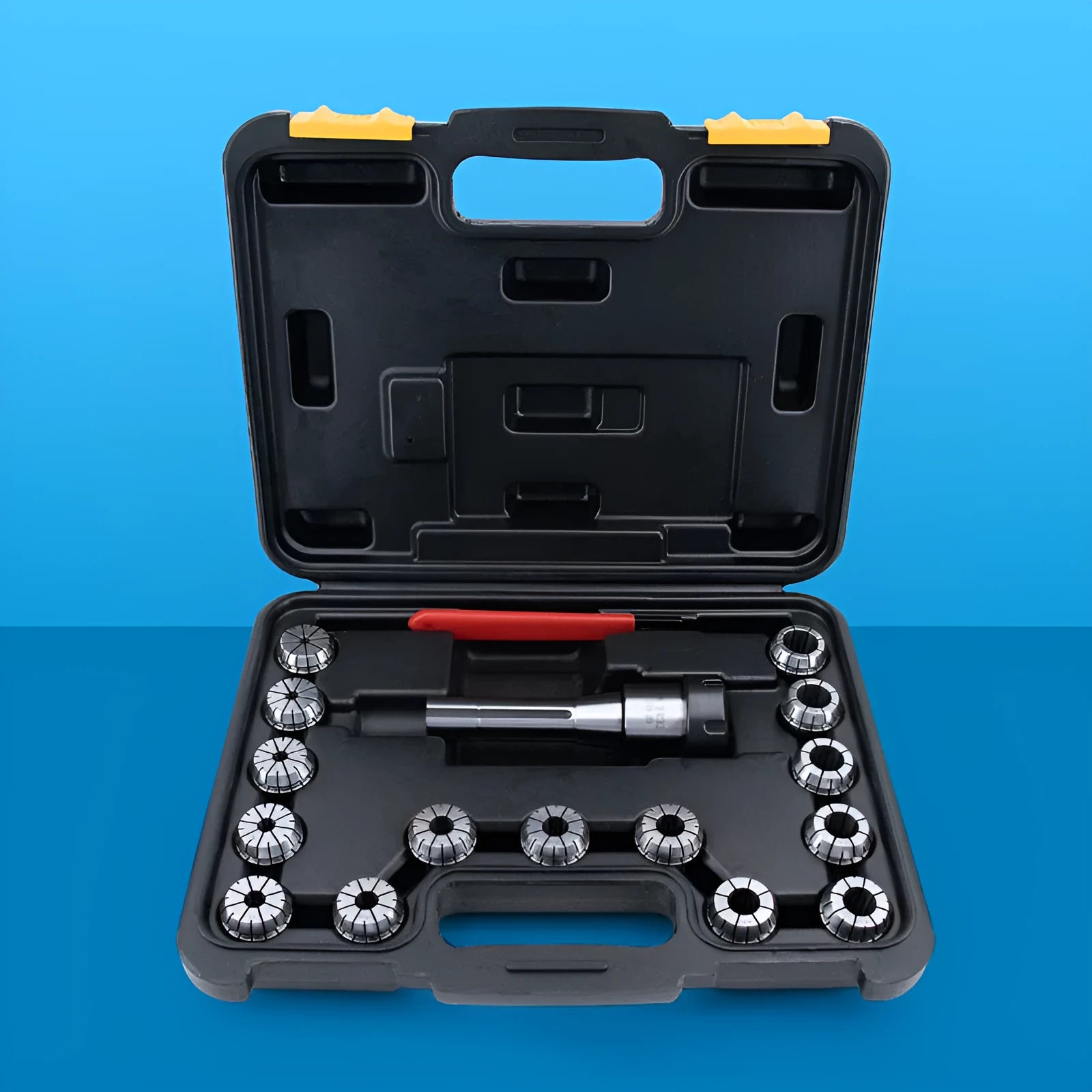 R8-ER32 collet tool set 17-piece with 65Mn steel holder, ER32 collets and wrench on workbench