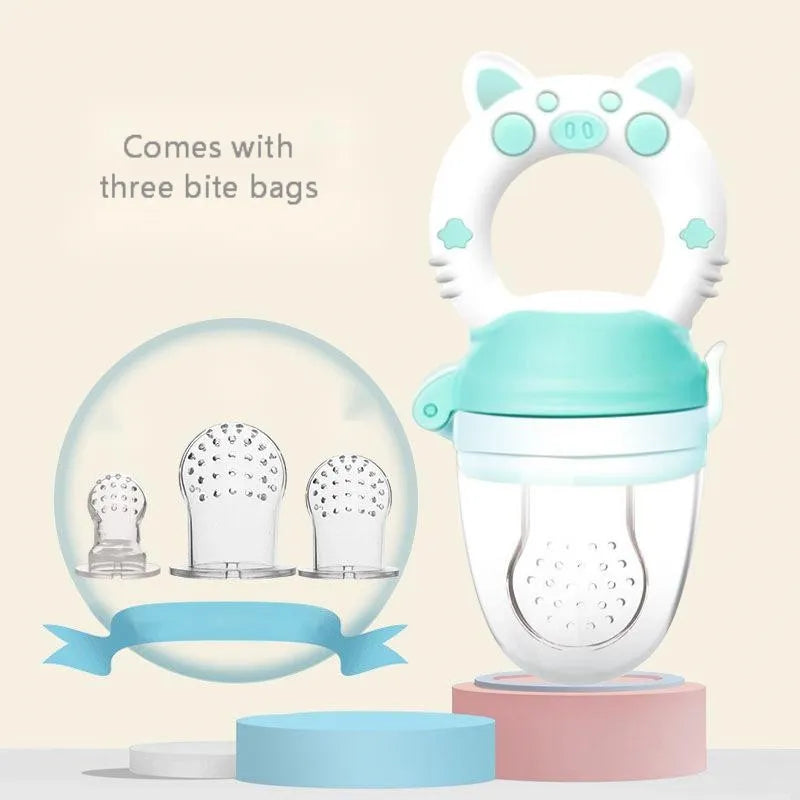 Blue, green, and pink silicone baby teethers showing single and triple mouthpiece styles