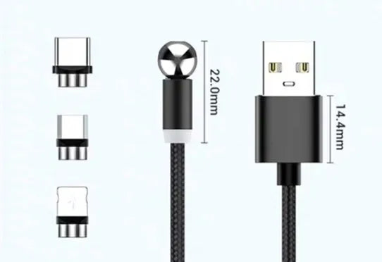 Black magnetic charging cable with spherical connectors showing 360-degree rotation on a table.