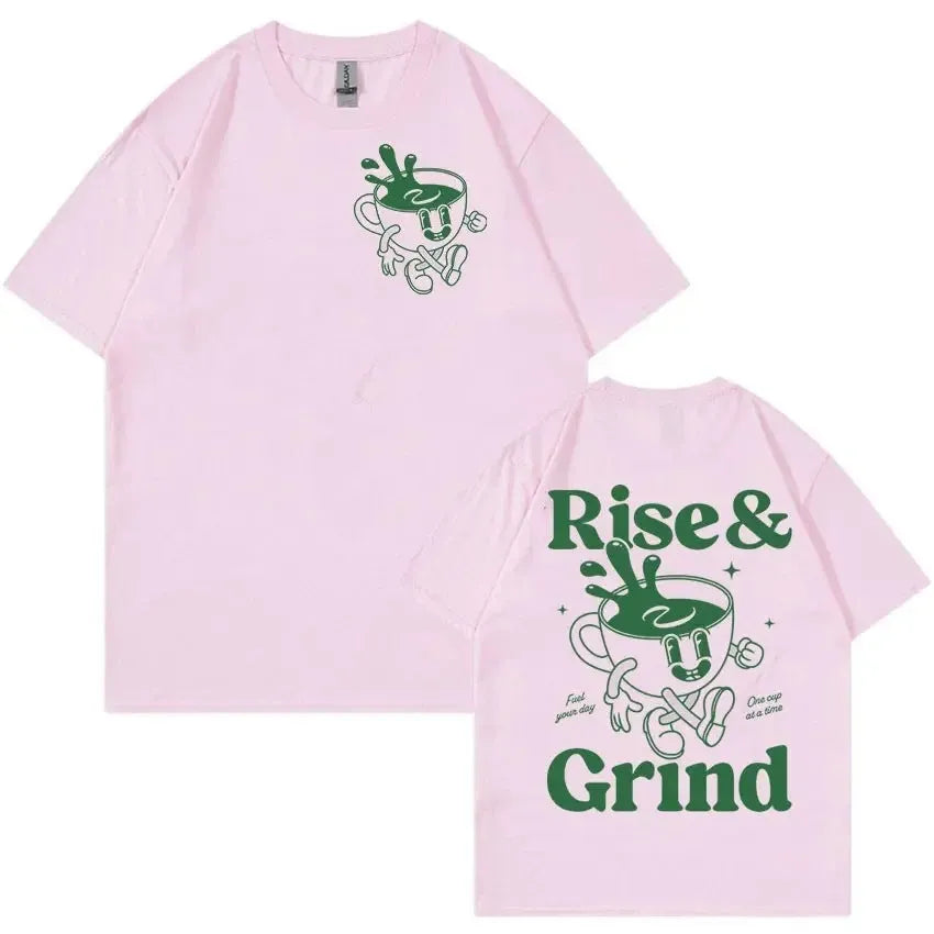 Rise And Grind Green Coffee cartoon graphic printed on a loose fit linen blend t-shirt.